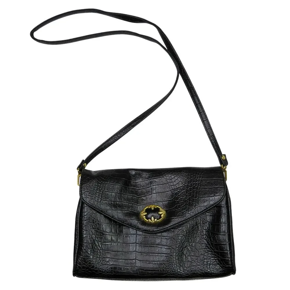 Vintage 1970s Croc Embossed Leather Crossbody Bag Black Gold Medium - Picture 1 of 10